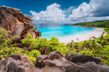 Panorama view of most spectacular tropical beach Grande Anse on La Digue Island, Seychelles. Vacation holidays lifestyle concept