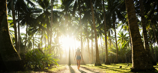 A beautiful  girl wearing a large hat and a red bikini is walking on a path surrounded by coconut...