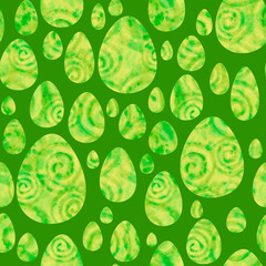 Watercolor green eggs on green background. Bright Easter seamless pattern. Hand-painted texture with spiral, splashes, drops, gradients. Watercolor stock illustration. Happy Easter day.