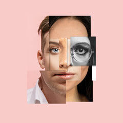 Young woman's portrait made of different pieces of faces, modern art collage. New vision of beauty...
