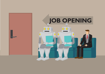 Robots and human going for job opening. Depicts future job market and artificial intelligence. Concept of Human vs Robot. Isolated vector cartoon illustration.