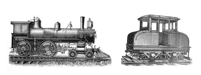 Antique locomotive steam train/ Antique engraved illustration from Brockhaus Konversations - Lexikon 1908 © Basicmoments