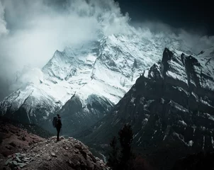Wall murals Annapurna hiker on the trail in the Himalayan mountains.Trek around Annapurna. Nepal.Himalayas mountains and rocky trek.lifetime experience on the hike in Nepal.Healthy lifestyle and great for mental health 