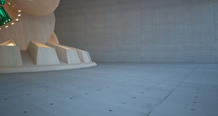 Abstract architectural background interior made of wood, concrete and glass. Neon lighting. 3D illustration and rendering.