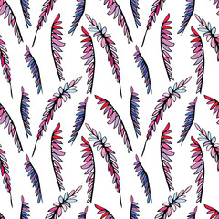 Fototapeta premium Seamless pattern of decorative branches with blue and pink leaves