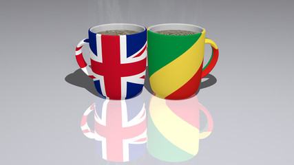 United Kingdom And Congo Republic Of The placed on a cup of hot coffee mirrored on the floor in a 3D illustration with