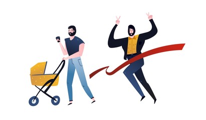 Fototapeta premium Hand drawn vector abstract cartoon modern graphic illustrations art collection set with business man runs across the red ribbon and man with stroller isolated on white background