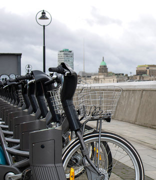 Row of Dublin Bikes, bicycles available for rent in Dublin city, Ireland.