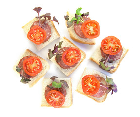 Small sandwiches, finger food, with sliced salami, tomatoes and micro greens radish isolated on...