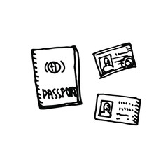 Obraz premium Documents: passport, ID card, driver's license. Hand drawn, ink simple vector icon. Isolated on white background.