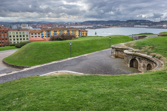 Aerial view with historic fortification on Santa Catalina headland in Gijon city in Spain