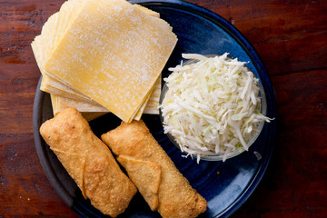 Eggrolls or Springrolls. Traditional Chinese, Thai or Japanese restaurant appetizer, fried. Made from wonton wrappers & filled with Chinese veggies and served w/ a chili dipping sauce or soy sauce.  