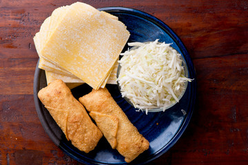 Eggrolls or Springrolls. Traditional Chinese, Thai or Japanese restaurant appetizer, fried. Made from wonton wrappers & filled with Chinese veggies and served w/ a chili dipping sauce or soy sauce.  
