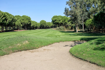 A large Golf course with a perfectly manicured lawn. Sand pit on the Golf course.