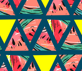 Hand drawn vector abstract collage seamless pattern with watermelon motif and triangle hipster shapes isolated on color background