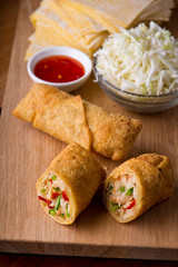 Egg rolls or spring rolls fried.Traditional Chinese Thai restaurant appetizer, spring rolls or egg rolls. Made from wonton wrappers and filled with Chinese veggies and served w/ chili dipping sauce.
