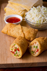 Eggrolls or Springrolls. Traditional Chinese, Thai or Japanese restaurant appetizer, fried. Made from wonton wrappers & filled with Chinese veggies and served w/ a chili dipping sauce or soy sauce.  