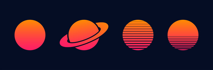 Fototapeta premium Outrun sun set vector planets isolated for decoration design. Futuristic design illustration. Summer vector illustration. Disco design. Vintage 1980s music illustration.