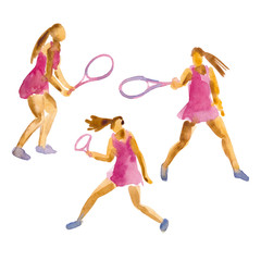 Hand drawn watercolor illustration. Women play tennis. Watercolor sketch of people