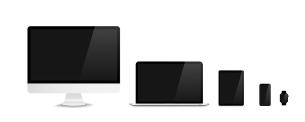 Devices in realistic trendy design on white background. Set of computer laptop tablet and smartphone with empty screens. Mock up. Blank screen isolated.