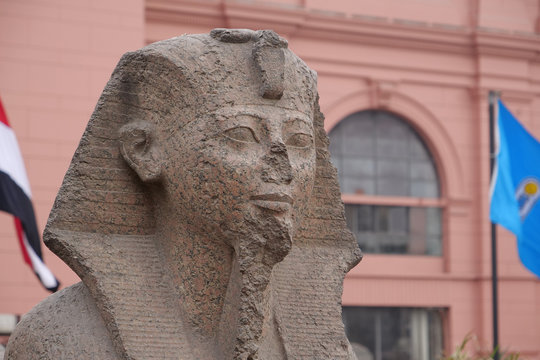 Ancient Egyptian sphinx sculpture outside the Egyptian Museum in Cairo, Egypt