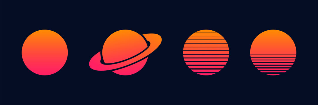 Outrun sun set vector planets isolated for decoration design. Futuristic design illustration. Summer vector illustration. Disco design. Vintage 1980s music illustration.