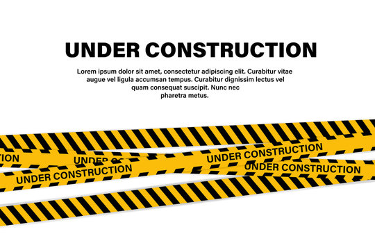 Under construction tape or ribbon banner. Yellow vector illustration. Black vector attention caution sign. Yellow warning tape. Warning attention sign. Attention caution illustration.