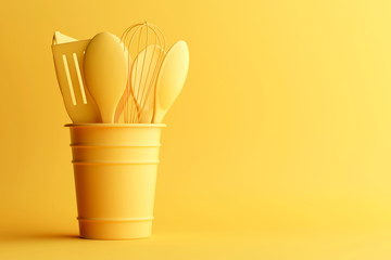 Kitchen cooking spoons minimal style image. 3d render - obrazy, fototapety, plakaty