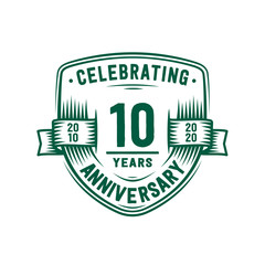 10 years anniversary celebration shield design template. 10th anniversary logo. Vector and illustration.