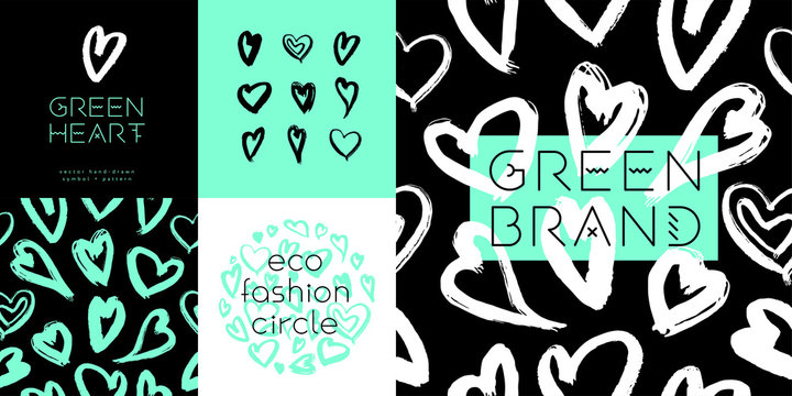 Green fashion pattern, eco fashion concept for green love banner template. Vector drawings of heart. Eco friendly seamless background. Aqua menthe colors. Crystal-clear waters. Love environment idea.