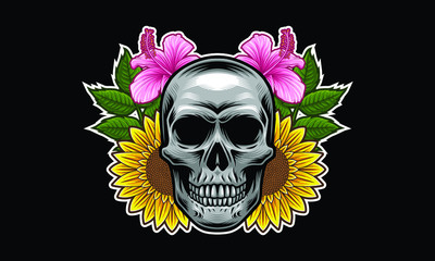 Skull with flowers and leaves vector illustration isolated on black background