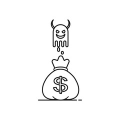 Money bag and devil ghost icon. Concept of black money. Outline thin line flat illustration. Isolated on white background. 