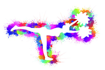 Cheerleading Logo Design. Sports Background. Colorful Dancing bright ink splashes. White silhouette of girl leader. Poms, Icon, Symbol, Exercises, Healthcare. Vector illustration.