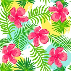 Foto auf Glas Tropische exotische Palmblätter, Hibiskusblüten mit handgezeichneten Flecken. Nahtloses Muster. Vektor-Illustration. © Natalia