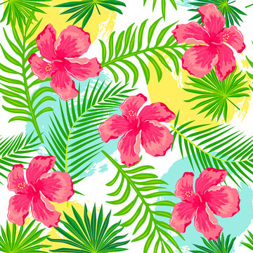 Tropical exotic palm leaves, hibiscus flowers with hand drawn style blots. Seamless pattern. Vector illustration. © Natalia