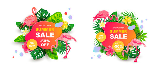 Summer sale banners with tropical leaves, flower plumeria, flamingos, liquid geometric shape. Place for text. Template for poster, web, invitation, flyer. Vector illustration set.