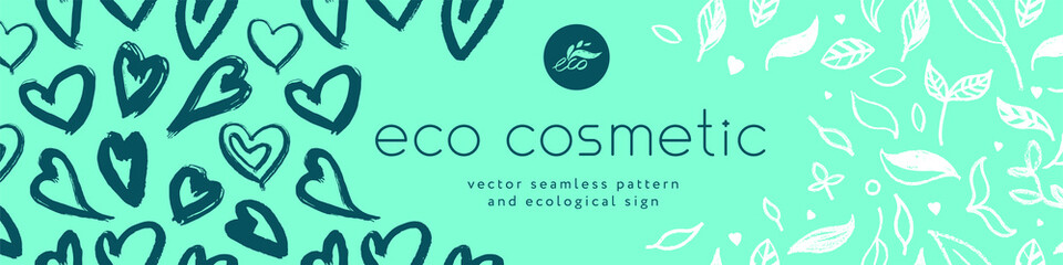 Green cosmetic pattern, eco cosmetics concept for bio cosmetics banner. Vector icons of heart. Eco friendly seamless background. Natural pattern and logo for beauty care products. Label tag template.
