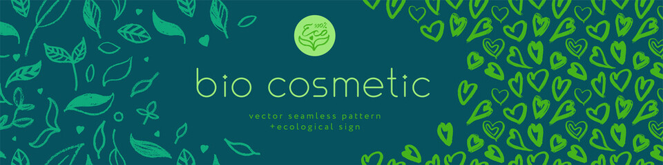 Fototapeta na wymiar Green cosmetic pattern, eco cosmetics concept for bio cosmetics banner. Vector icons of heart. Eco friendly seamless background. Natural pattern and logo for beauty care products. Label tag template.