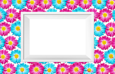 Beautiful frame with floral background: pink and blue gerbera flowers on white background. Basis for greeting card