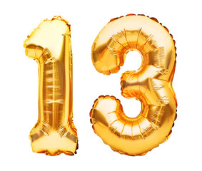 Number 13 thirteen made of golden inflatable balloons isolated on white. Helium balloons, gold foil numbers. Party decoration, anniversary sign for holidays, celebration, birthday, carnival - obrazy, fototapety, plakaty