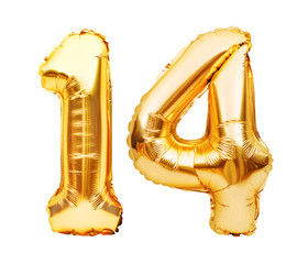 Number 14 fourteen made of golden inflatable balloons isolated on white. Helium balloons, gold foil...