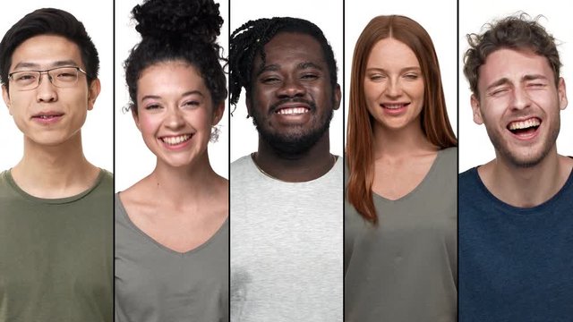 Multiscreen split portrait of men and women laughing out loud, smiling and looking camera, chuckle hilarious joke. Multiracial diverse team joking during work break, people enjoying conversation
