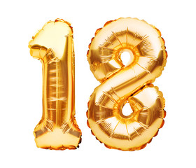 Number 18 eighteen made of golden inflatable balloons isolated on white. Helium balloons, gold foil numbers. Party decoration, anniversary sign for holidays, celebration, birthday, carnival - obrazy, fototapety, plakaty