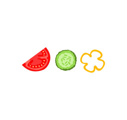 A slice of fresh and ripe tomato and a slice of cucumber with sweet pepper. Set of flat vector vegetables icons. Vegetable Salad Recipe. Healthy Eating and Detox