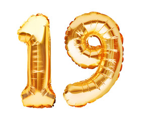 Number 19 nineteen made of golden inflatable balloons isolated on white. Helium balloons, gold foil numbers. Party decoration, anniversary sign for holidays, celebration, birthday, carnival - obrazy, fototapety, plakaty