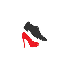 Shoes man and woman. Classic shoes. Red women high-heeled shoes. Classic black men shoes. Vector illustration for a shoe store.