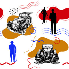 Vector pattern with retro cars and silhouettes of men on an abstract background.
