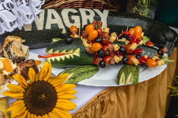 Close up on a decorated food stall during Polish annual harvest festival called Dozynki in Rogow village, Poland