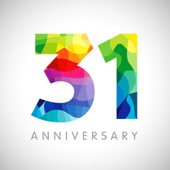31 st anniversary numbers. 31 years old logotype. Bright congrats. Isolated abstract graphic web design template. Creative 1, 3 3D digits. Up to 31% percent off discount idea. Congratulation concept. - obrazy, fototapety, plakaty