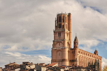 Huge cathedral with tower touching the sky in city Catara, Albi, France